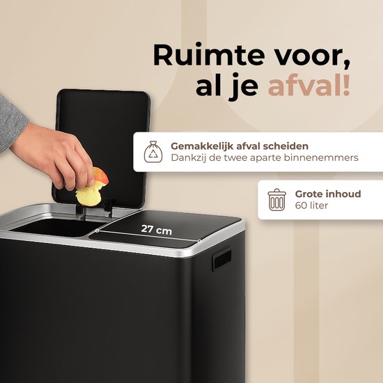 O'DADDY® Prullenbak – Afvalbak - Prullenbak 60 liter - Pedaalemmer – Vuilnisbak - Prullenbak 2 vakken - Prullenbak afvalscheiding – Afvalbak afvalscheiding - 2 Binnen emmers - Soft-Close - Inclusief 15 Afvalzakken - Zwart