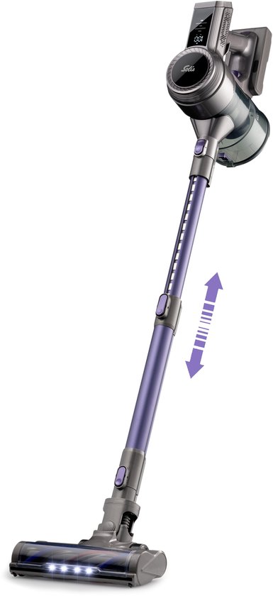Aspirateur balai violet avec des accents métalliques, sur fond blanc.