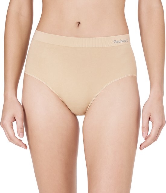 Culotte midi sans couture beige clair avec logo Gaubert sur la ceinture.