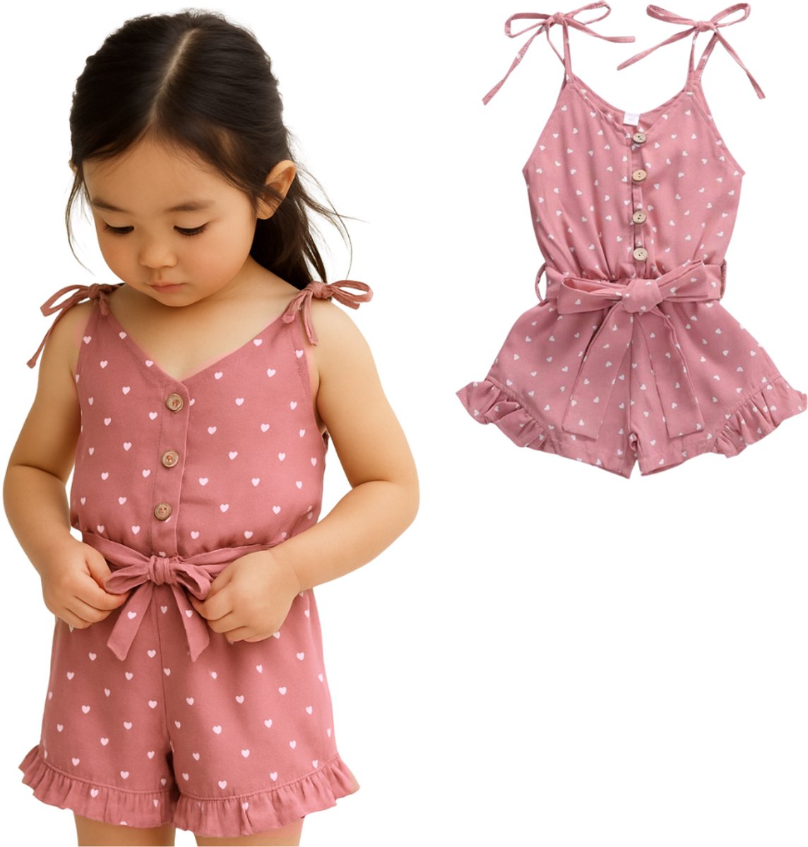 Joya Kids® Meisjes Broekpakje met Strik | Baby & Peuter Jumpsuit met Ruffles | Zomer Romper Oud Roze met Hartjes | Zomersetje Roze met Strikken en Hartjes | Luchtige Zomerkleding Meisje | Jumpsuit | Maat 80 t/m 120 | 6 Maanden tot 5 jaar | Maat 100