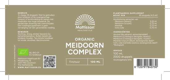 Bruine fles met crèmekleurig etiket: Mattisson Organic Meidoorn Complex Tinctuur 100 ML. Inclusief gebruik- en ingrediënteninformatie.