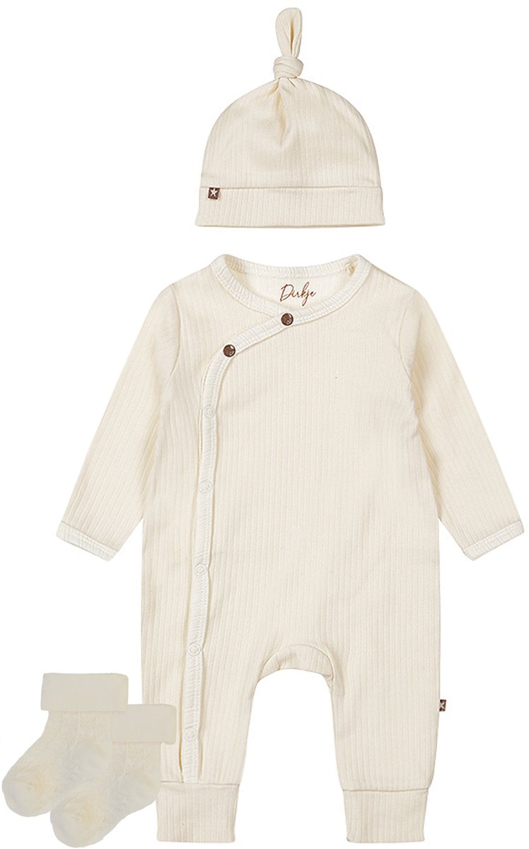 Dirkje - Noppies - Kledingset - Unisex Boxpak met mutsje Offwhite - 1 paar sokjes oatmeal met werkje - 44