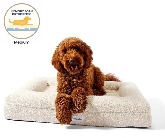 Dreamydog Hondenmand - Orthopedisch Hondenkussen - Luxe Hondenbed - Wasbare Hondenmanden - Orthopedische Hondenmand 100 cm - Waterdichte Hondensofa - Boucle Wit - Medium (L94 x B74 x H20)