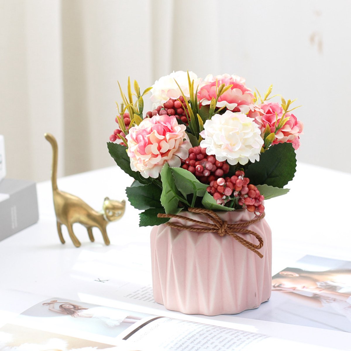 ibettertec Kunstbloemen in Pot - Roze Hortensia - Keramische Vaas