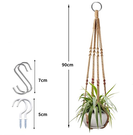 2 Stuks Luxe Jute Plantenhangers - Boho Handgeweven Macrame Hangpot voor Binnen/Buiten - Hangende Bloempot met Kralen - Macramé Touw/Koord Hangplant Houder - Bohemian Wandhanger Decoratie - Plant Hanger - Verticale Tuin Bloempothouder Planthanger