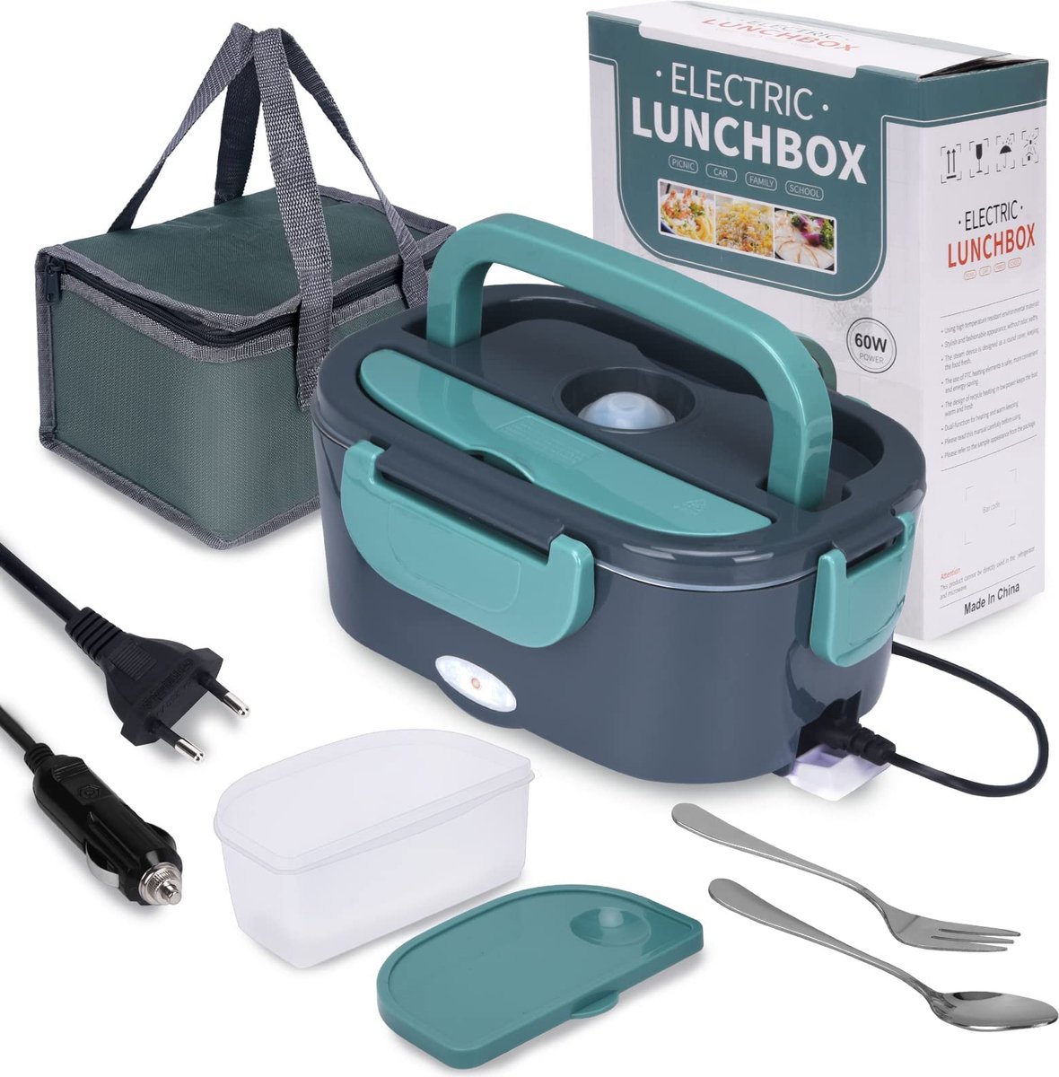 Cuhostki - 1 Stuk Elektrische Lunchbox - Thermos Lunchbox Draagbare Opwarmbare Eten Doos - 3-in-1 Verwarming (12V/24V/220V) - Donkergroen - 23.5x16.5x10cm