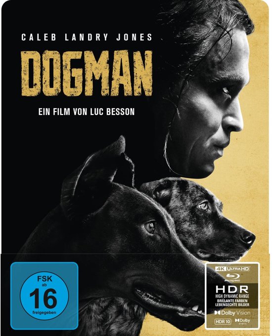 Filmcover Dogman: Man met honden, tekst 'DOGMAN EIN FILM VON LUC BESSON', FSK 16 en 4K UHD logo.
