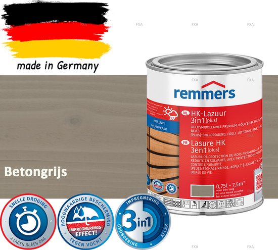 Remmers HK Lazuur 3-in-1 [plus] Betongrijs - Premium Houtbeits voor Buiten | Transparant, Sneldrogend, Oplosmiddelarm | 2,5Liter