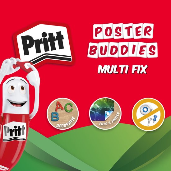 Pritt Poster Buddies reclame met stripfiguur en symbolen voor decoratie en foto's.