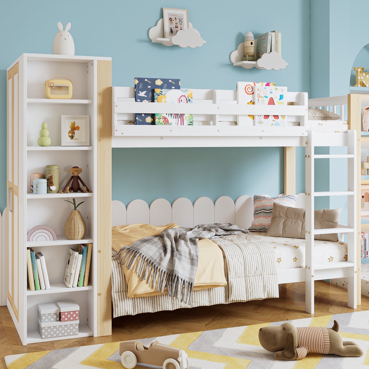 Merax Stapelbed - kinderbed met valbeveiliging en leuning - met 4 ladders - 6 open planken - zijkasten - veel opbergruimte - naturel wit - 90x200 cm