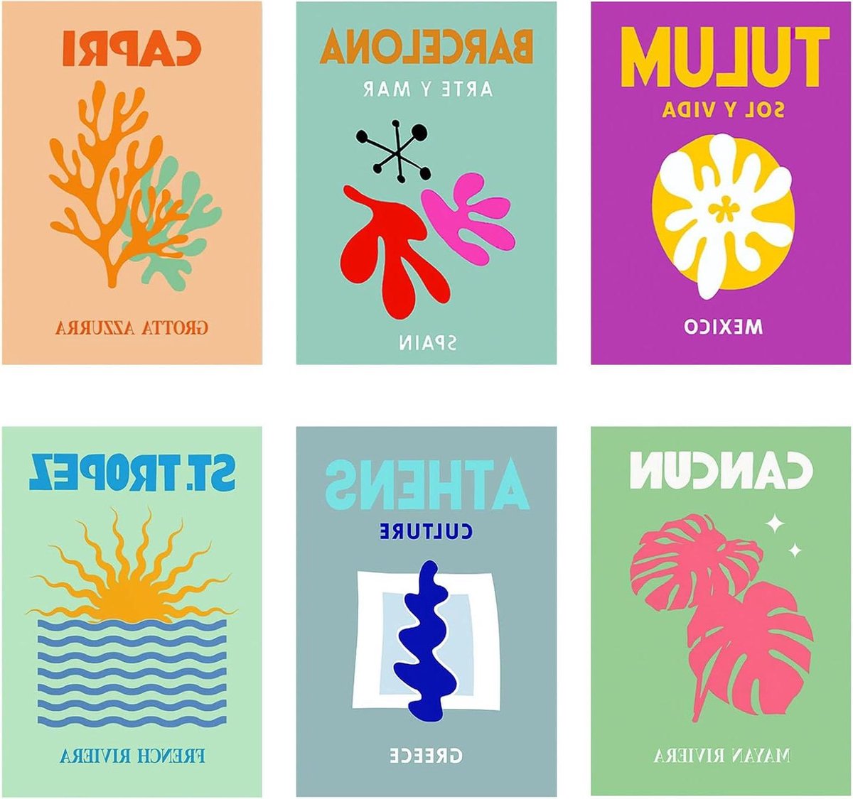 Allecto Premium - Set van 6 Art Prints voor Thuisdecoratie - Abstract Schilderen - Canvas Posters - Kleurrijk - Esthetische Prints - Minimalistisch Design - Decoratie voor Woonkamer - Niet ingelijst - Afmeting 8 x 10 - Reizen Thema