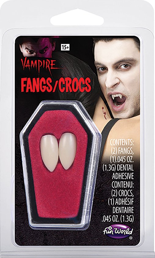 Verpakking met 'Vampire Fangs/Crocs' met op de achtergrond een man die zijn mond opent om witte vampiergebitten te tonen.