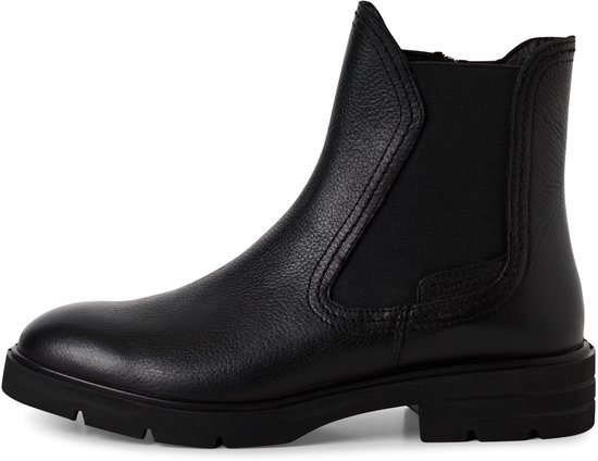 Zwarte Tamaris enkellaars met elastische inzet, profielzool en generfd leer.