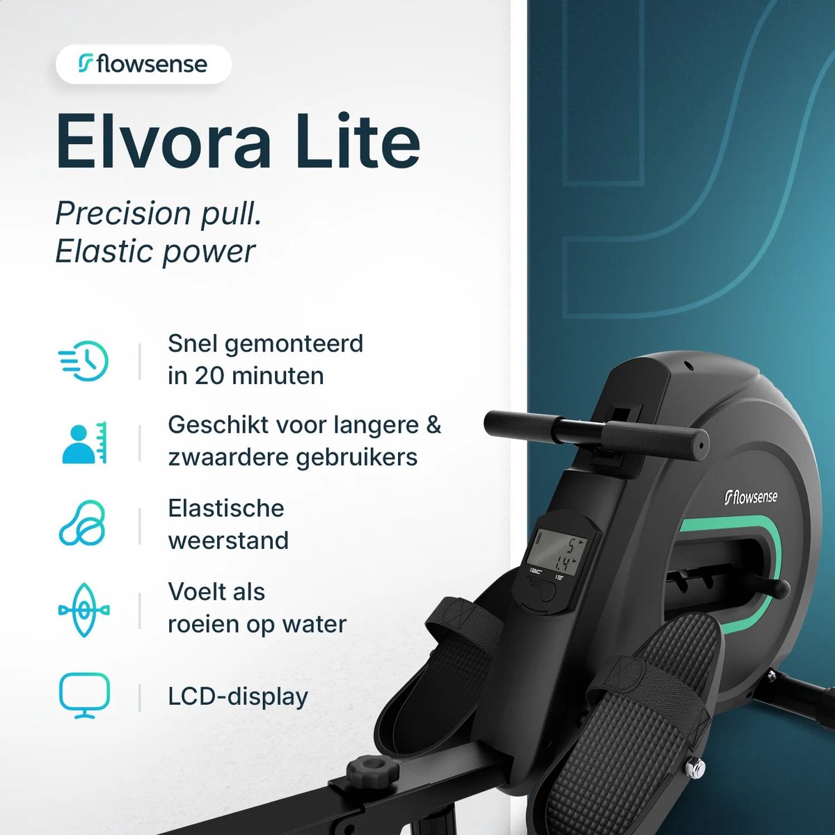 Afbeelding 2 van Flowsense Elvora Lite Roeimachine – Inklapbaar Roeiapparaat – Elastische Weerstand – LCD Display – Stil & Compact – Voor Gebruikers tot 200 cm / 115 kg – Thuis Fitness Roeitrainer