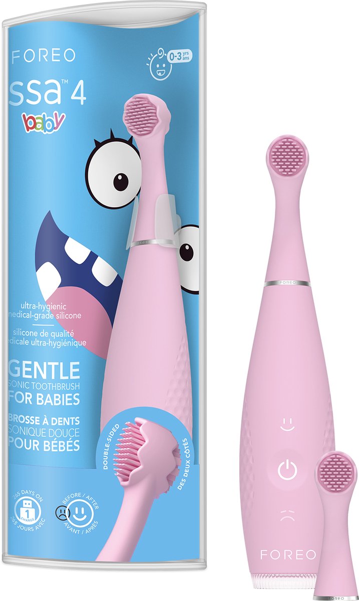 FOREO issa 4 baby – Silicium sonische tandenborstelset voor baby's, met dubbelzijdige haren, glimlachfunctie, tandvleesmassage, 12 maanden zorg met extra kop, 240 dagen batterij, reisdicht - Pearl Pink