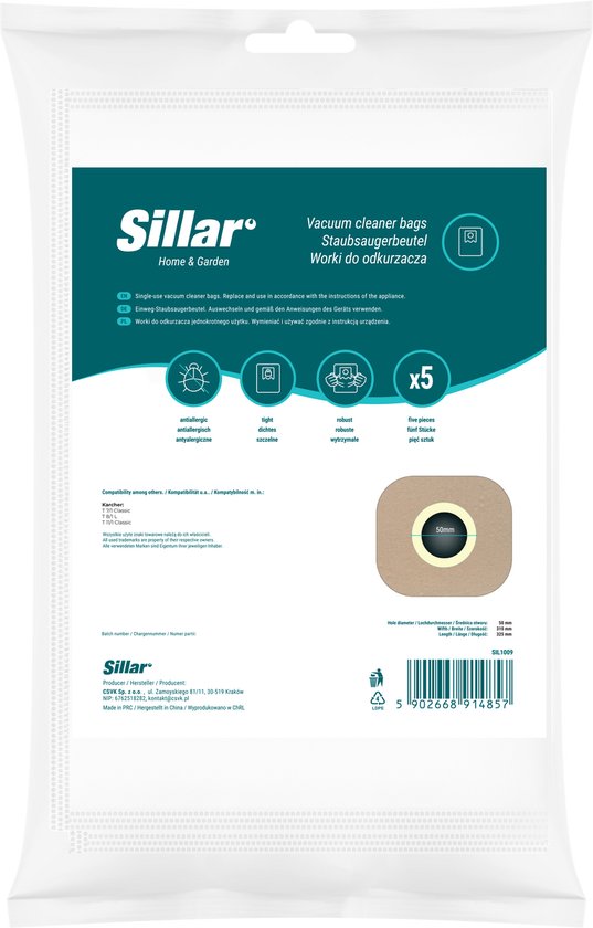 Sillar, stofzuigerzakken, synthetisch, anti-allergeen, 3 filterlagen, vervanging voor 6.904-084.0, geschikt voor stofzuigers Karcher T7/1 Classic T8/1 L T11/1 Classic, 10 stuks
