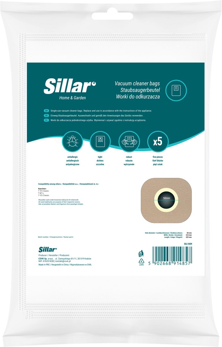 Sillar, stofzuigerzakken, synthetisch, anti-allergeen, 3 filterlagen, vervanging voor 6.904-084.0, geschikt voor stofzuigers Karcher T7/1 Classic T8/1 L T11/1 Classic, 10 stuks
