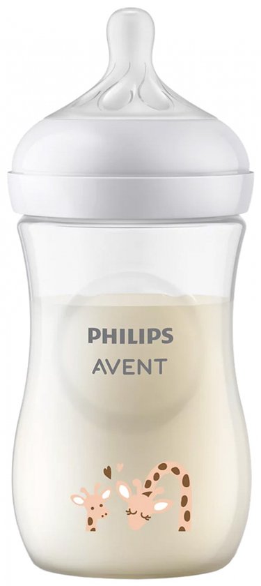 Gevulde Philips Avent babyfles met schattige giraffenprint.