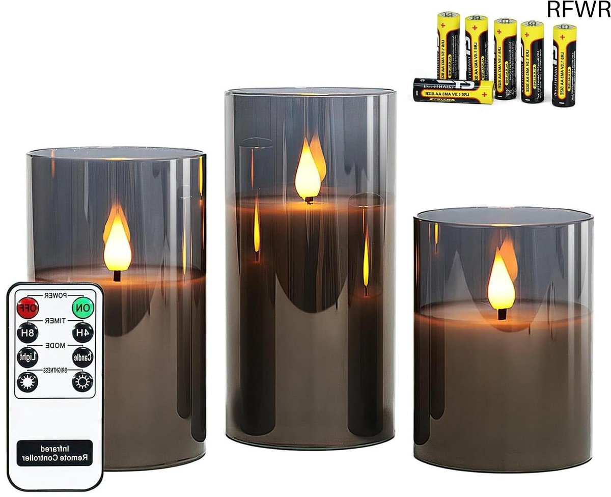 RFWR Grijze vlamloze LED kaarsen set met afstandsbediening - Warm wit licht, set van 3 Grijs