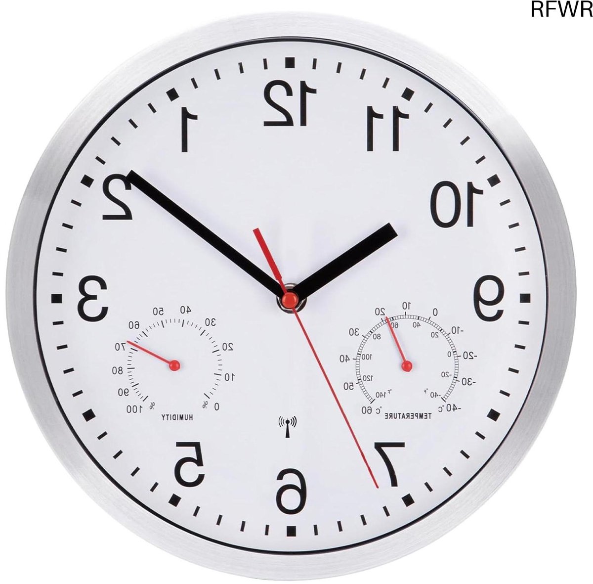 RFWR® Radiogestuurde wandklok met thermometer en vochtmeter - Stil, goed leesbaar en batterij-aangedreven (25,5 cm)