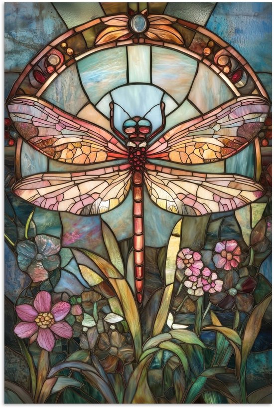 Poster 60x90 cm - Libelle - Mozaïek - Bloemen - Kleurrijk - Posters - Kamer decoratie - Wanddecoratie woonkamer - Muurdecoratie slaapkamer