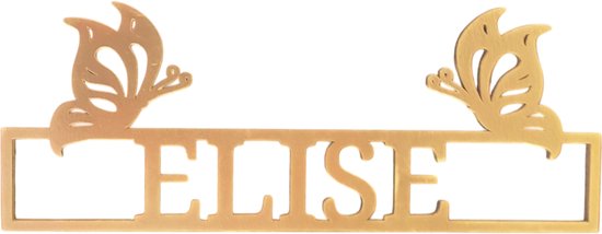 Plaque nominative en bois personnalisée avec papillons - Plaque de porte Uniek pour chambre d'enfant avec nom dans une fenêtre carrée - 38 x 15 cm - Goud