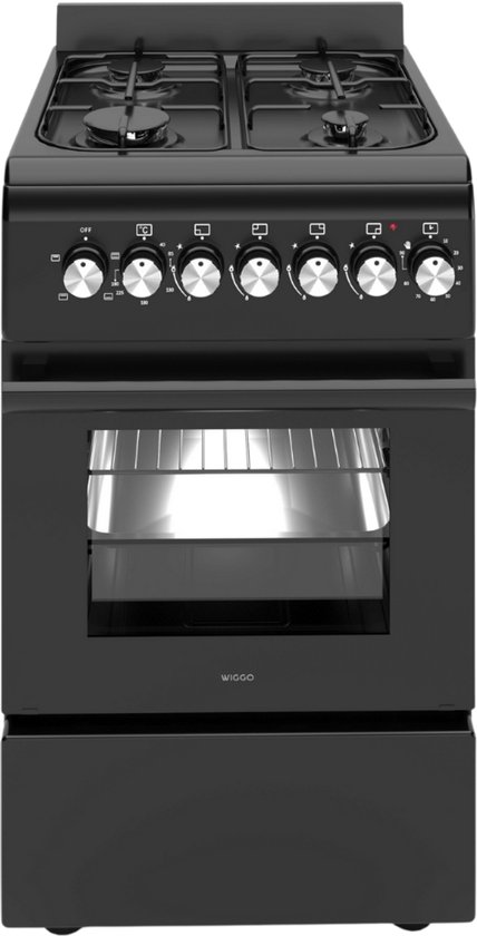 Wiggo WO‑E505R(BB) – Vrijstaand gasfornuis – 50 cm – 4 kookzones – 52L elektrische oven – Zwart – Timer & elektrische vonkontsteking – 5 jaar garantie