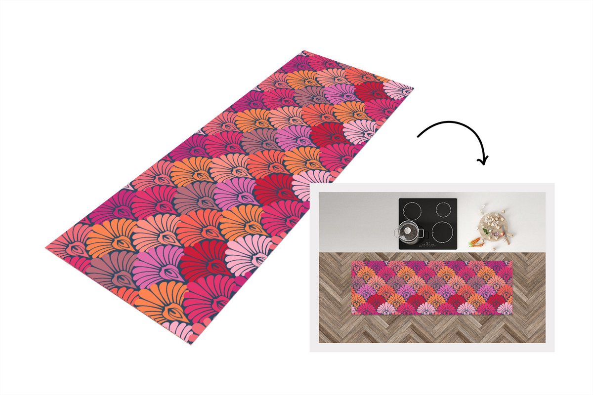 KitchenYeah Keukenloper 180x60 cm - Keukenmat vinyl Patronen - Art Deco - Roze - Bloemen - Keukenmatten loper - Keuken vloerkleed tapijt