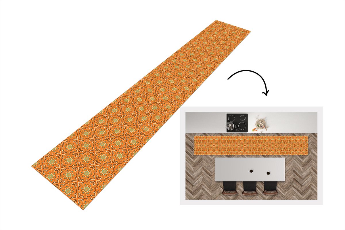 KitchenYeah Keukenloper 360x60 cm - Keukenmat vinyl Oranje - Mandala - Design - Bohemian - Vintage - Keukenmatten loper - Keuken vloerkleed tapijt