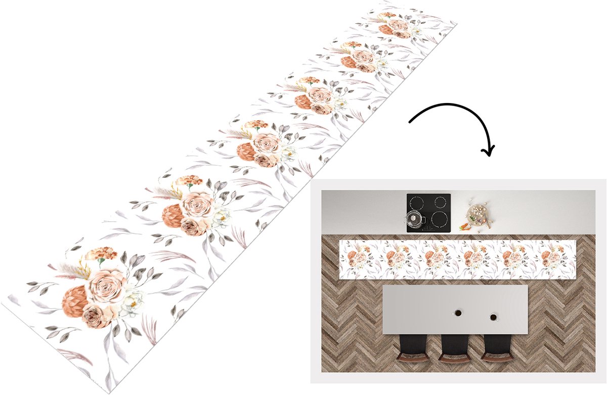 KitchenYeah Keukenloper 300x50 cm - Keukenmat vinyl Patronen - Bloemen - Roos - Wit - Keukenmatten loper - Keuken vloerkleed tapijt Rozen
