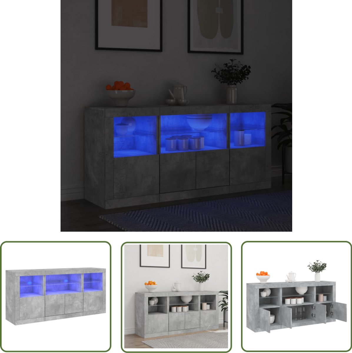 vidaXL Modern Dressoir - Dressoir - Dressoir met LED-verlichting 142,5x37x67 cm betongrijs - Beton Grijs Dressoir - Led Verlichting Dressoir - Houten Dressoir