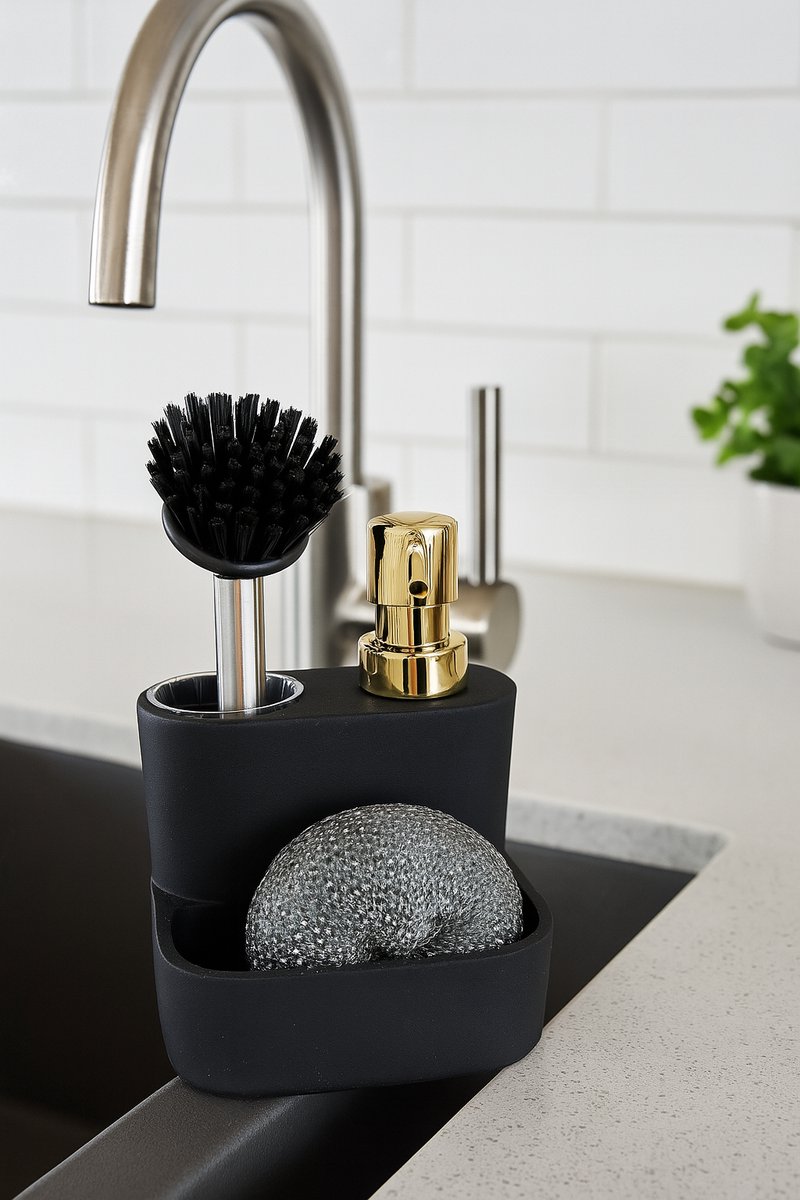 Mevaz 3-in-1 Keuken Organizer – Zeepdispenser met Afwasborstel en Spons – Modern Design – Zwart met Gouden Pomp – Luxe Marmerlook