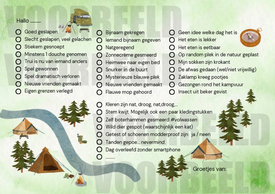 Cartes de camping avec des listes de contrôle et des illustrations de campeurs, de tentes et d'un camping-car.