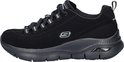 Zwarte Skechers Arch Fit damessneaker, zijaanzicht met zilverkleurige veteroogjes.