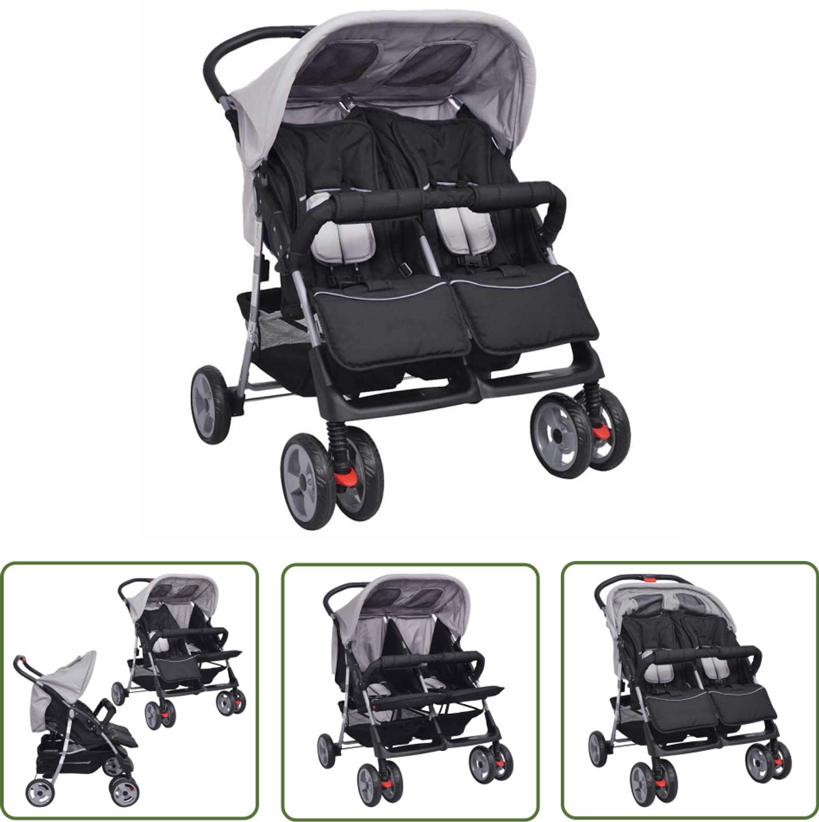 The Living Store Tweelingwagen - Kinderwagen - Grijs/Zwart - 80x96x104 cm - Duurzaam en handig - Verstelbare rugleuning