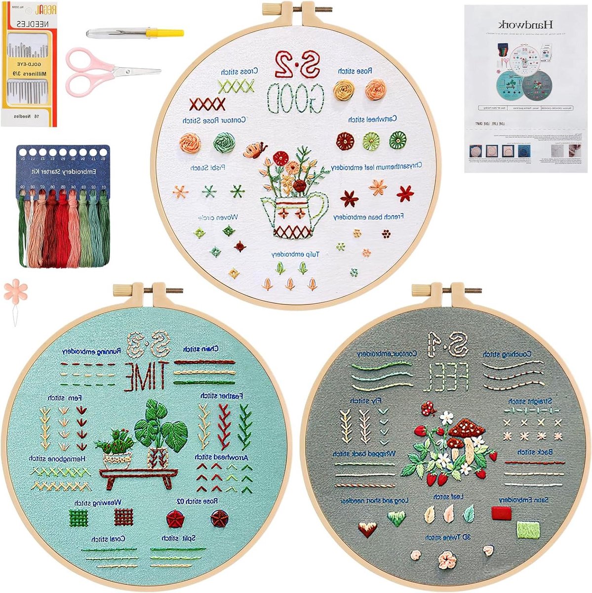Allecto Premium - Borduurset voor beginners met bloemen- en plantenpatroon - Set van 3 inclusief borduurframe, garen en naalden - Geschikt voor volwassenen en kinderen - Kruissteekset