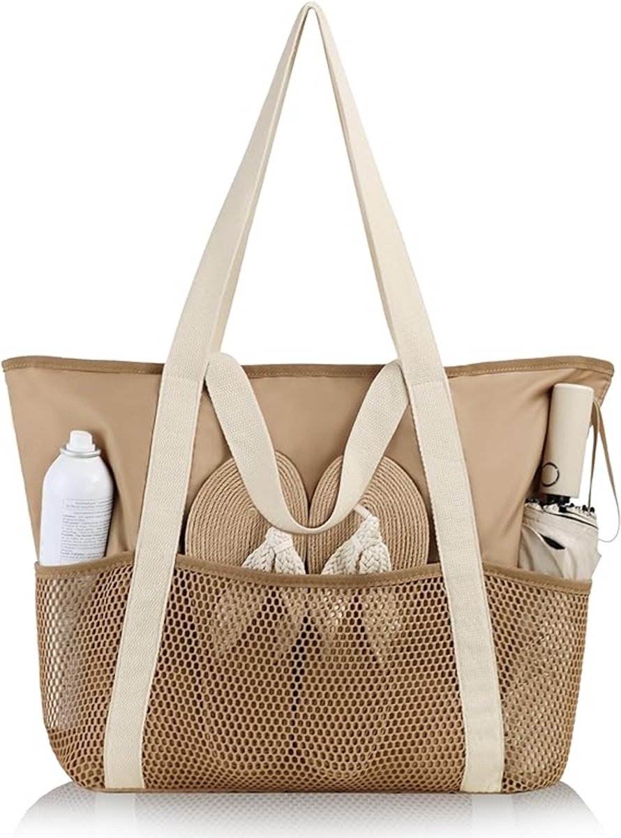 Handtas - Tas - Strandtas - Strandtas voor Dames - Grote Waterdichte Mesh Badtas - Shopper - Opvouwbaar - Waterdichte - Zandbestendige - Opvouwbare Tas voor Dames - met Ritsvakjes van Mesh - voor Dagelijks Gebruik bij het Zwembad - Bruin