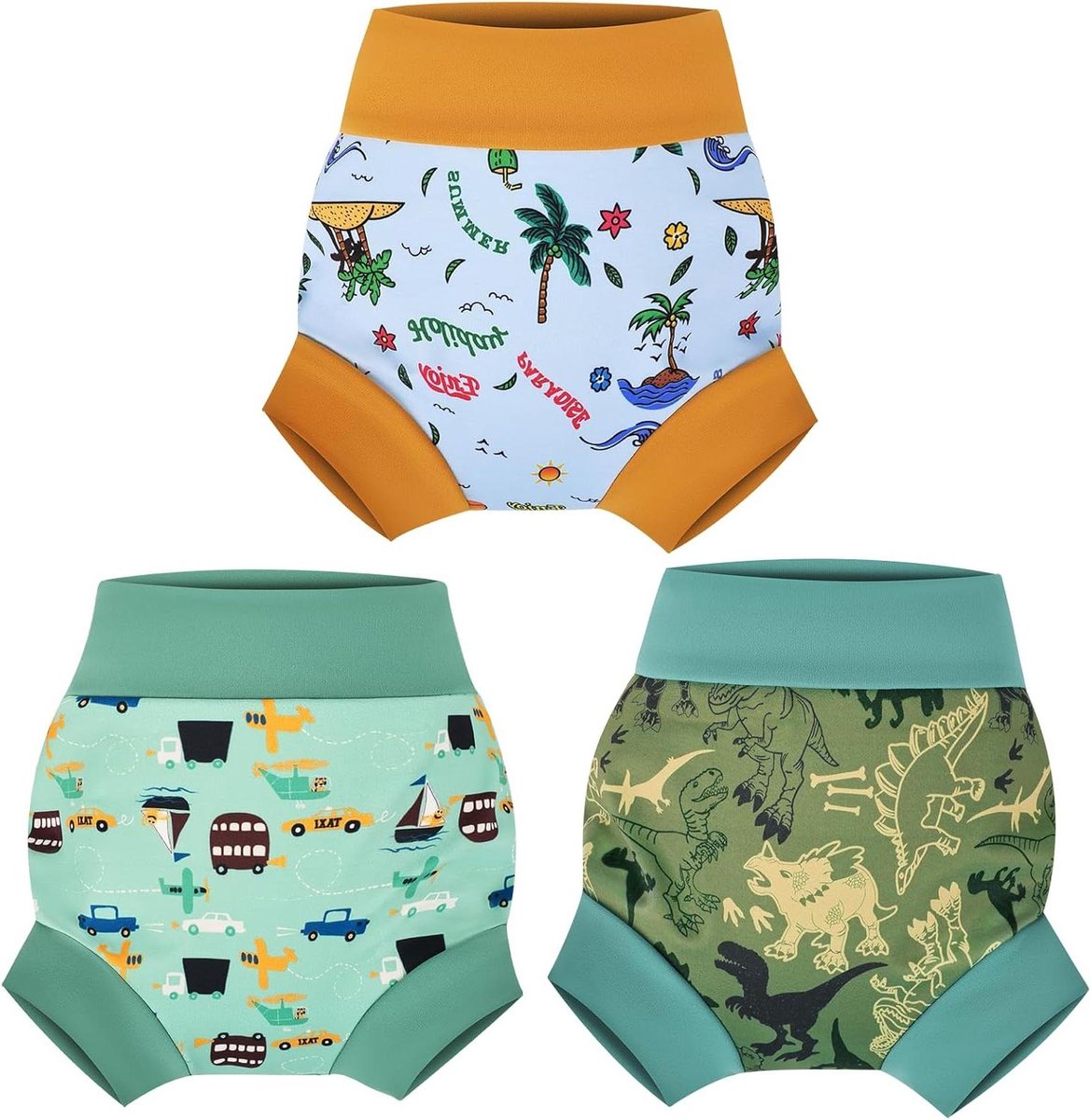Allecto Premium - Herbruikbare zwemluier 3 stuks voor jongens 3 jaar - dinosaurus, kokosgrove, auto