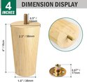 Afmetingen van een taps toelopende houten meubelpoot: 4 inch hoog, 1,5 inch breed. Inclusief detail van metalen inzetstuk.
