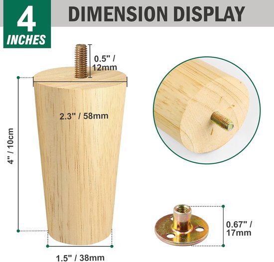 Afmetingen van een taps toelopende houten meubelpoot: 4 inch hoog, 1,5 inch breed. Inclusief detail van metalen inzetstuk.