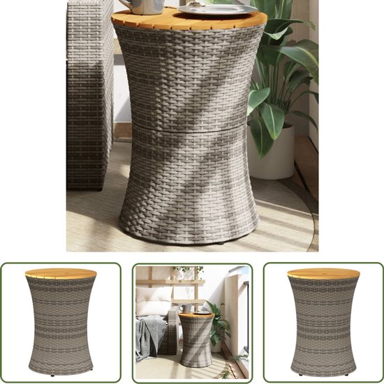 vidaXL Buitentafels - Tuinbijzettafel - Tuinbijzettafel trommelvormig poly rattan en massief hout grijs - Patiotafel - Bistrotafel - Ratan Tafel