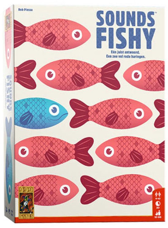 Doos van het spel 'Sounds Fishy' met rode en een blauwe vis.