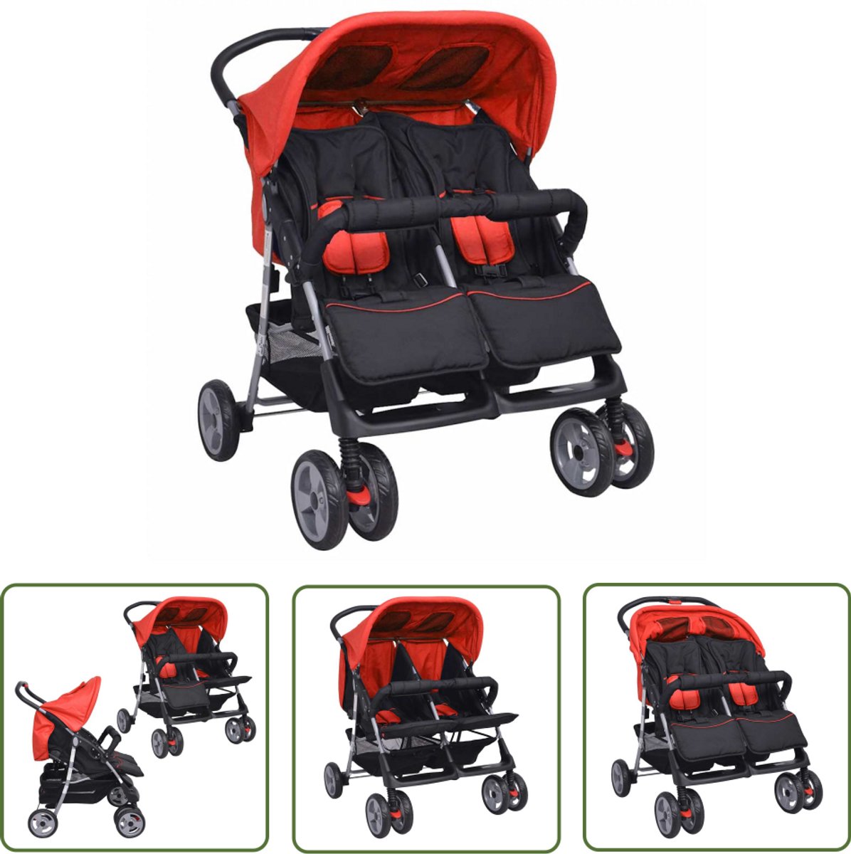 The Living Store Kinderwagen - Comfortabele tweelingwagen - Rood/Zwart - 80x96x104cm - Staal/Oxford stof