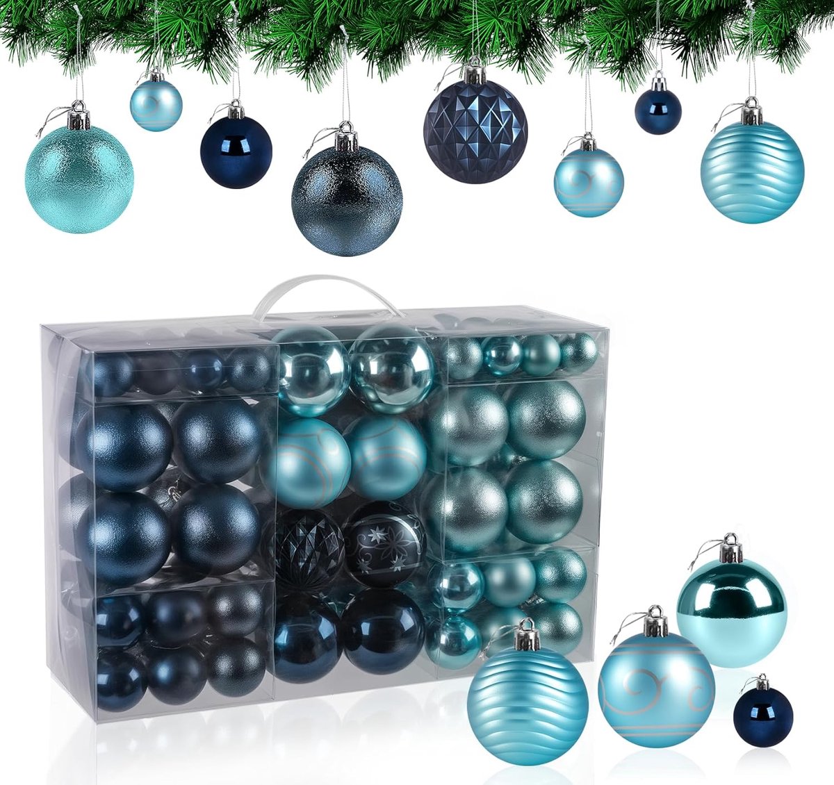 Kerstballen blauwe set - 100 stuks onbreekbare plastic kerstballen - glitterdecoratie voor kerstmis - traditionele kerstboom ornament set - hangende ballen