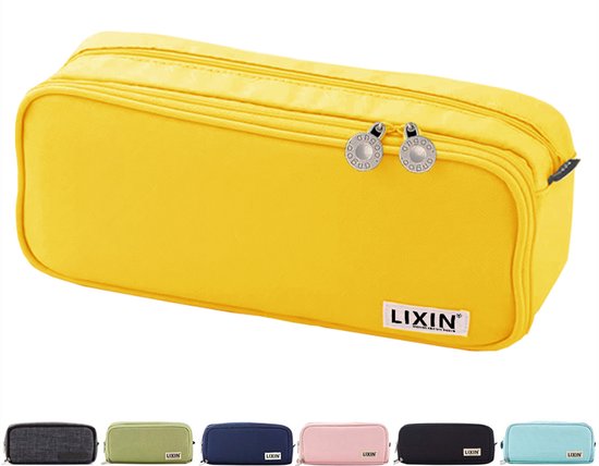 Een gele LIXIN etui met twee ritssluitingen. Onderstaand, zes etuis in verschillende kleuren.