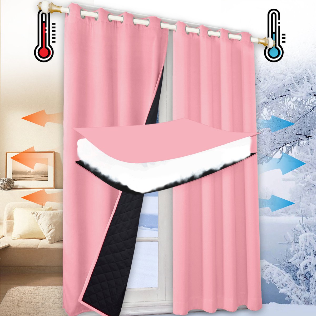 Qelus 100% Opaque Warmte-Koud Isolerend Gordijn met Ringen - Blokkeert Geluid - 1 stuk Verduisteringsgordijnen voor Woonkamer & Slaapkamer - 132x160cm - Voor Winter & Zomer - Gratis Bindband - Roze
