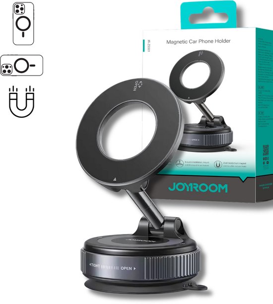 Joyroom Magnetische Telefoonhouder Auto – Metalen Verstelbare Arm – Vacuümzuignap & 3M Plaklaag – 360° Draaibaar – Sterke Magneet