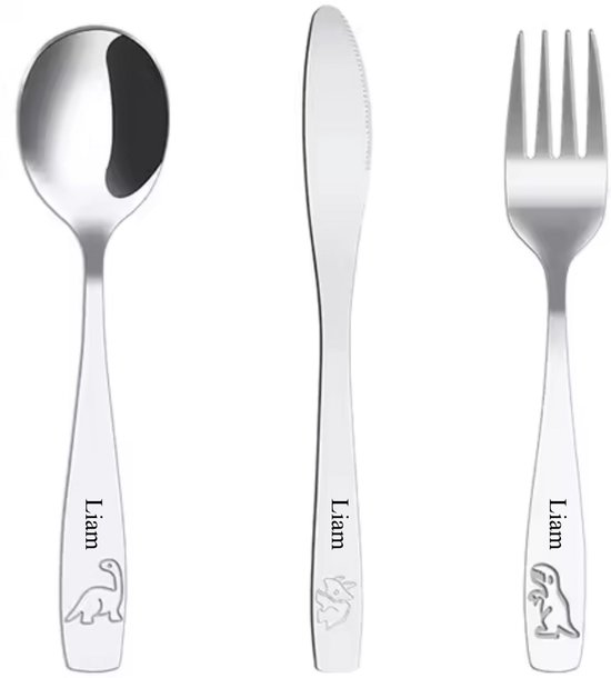 Couverts pour enfants 3 pièces avec gravure nominative - Couverts personnalisés pour enfants - Acier inoxydable argenté blanc - Cadeau gravé pour Bébé ou enfant - Acier inoxydable