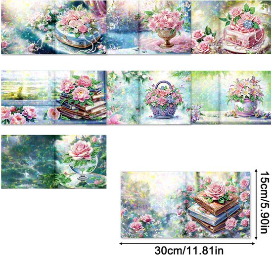 Set van 8 diamond painting kaarten met bloemen en decoratieve motieven.