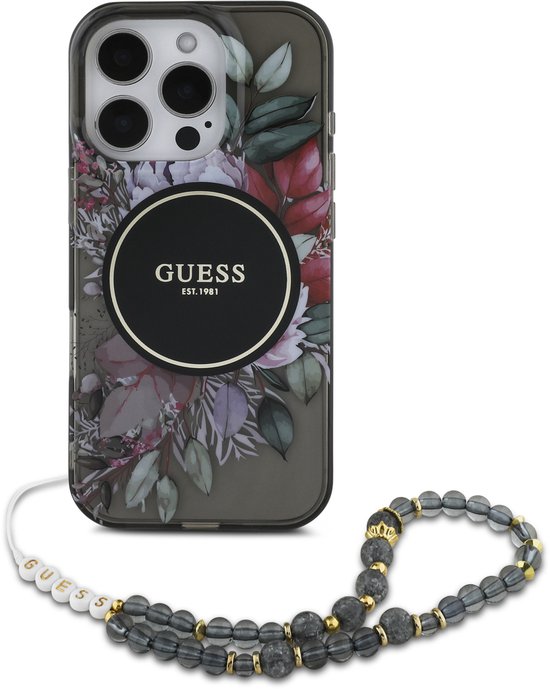 Guess geschikt voor MagSafe IML Flowers Case met beads strap geschikt voor iPhone 16 Pro Max - Zwart